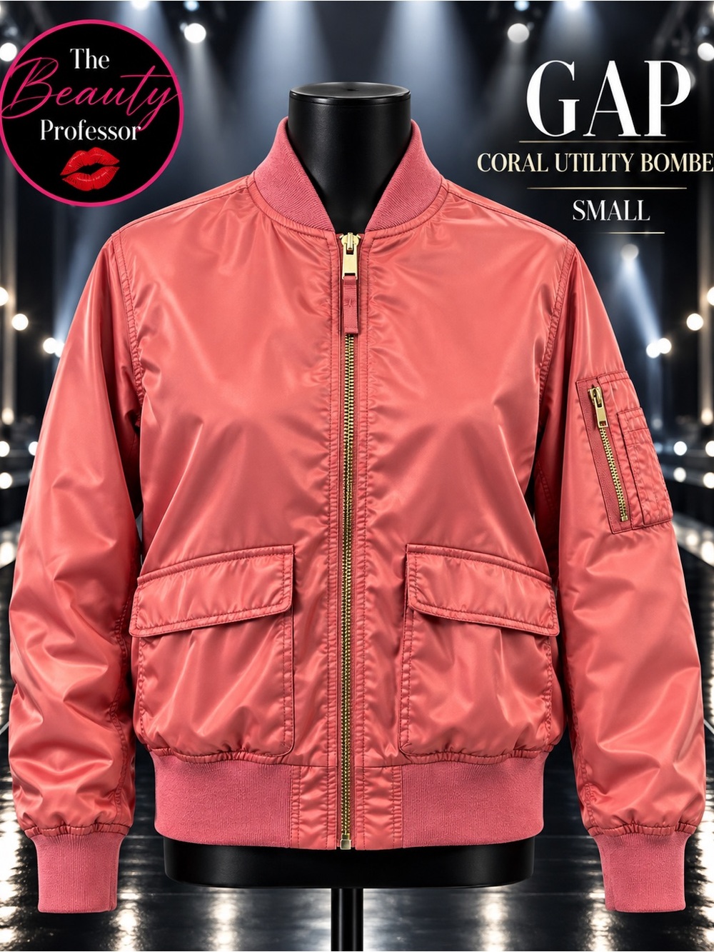 GAP Coral Salmon Pink Satin-Look Utility Bomber Jacket Gold Zip Small